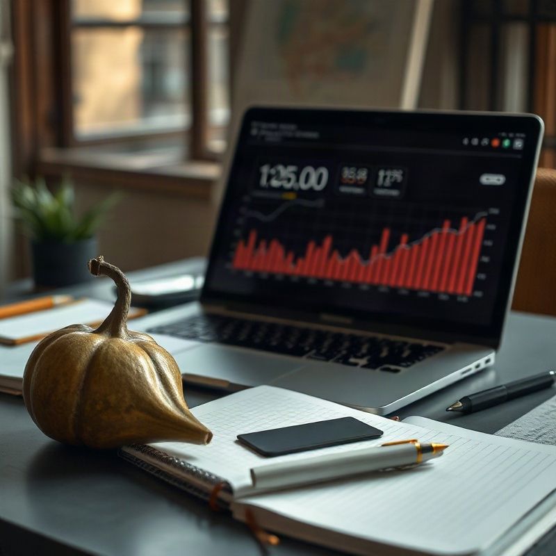 Escritorio de analista con laptop mostrando gráficas de datos y un mate